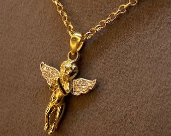 14k Gold Angel Necklace,19.5",1.5mm , Baby Angel Necklace , Gold Necklace , Dainty Necklace, guardian necklace