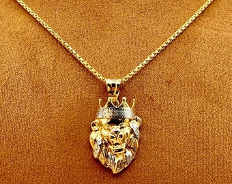 18k Gold Lion Necklace  with Crown , 18k Gold Box chain , Symbol of leadership and Power , Birthday Gift, Christmas Gift, Anniversary Gift.