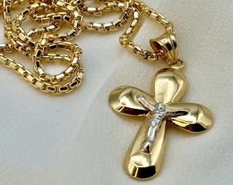 18k Gold Cross Necklace with Box chain 2 mm ,19.5" ,Cross Pendant ,Gold Cross Necklace , For Him, For Her ,Anniversary Gift ,Birthday Gift.