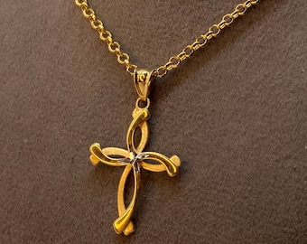 18k Gold Cross Necklace Diamond Cut with ROLO  chain so shiny and Durable ,19.5",2mm , Gold Cross Necklace ,For Him ,For Her