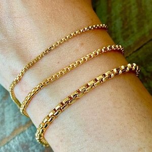18K Real Gold Box Chain Bracelet: Yellow Gold, 2-5mm