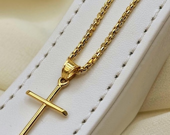 18k Solid Gold Cross Necklace with Box Chain