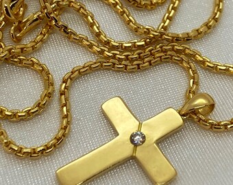 18k Solid Gold Cross Necklace: 2mm Box Chain