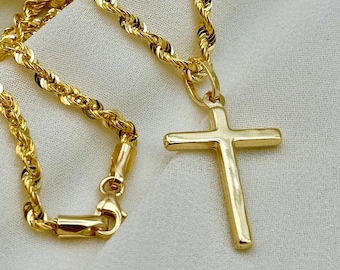 18k Real Gold Cross Necklace 21.5" and 20” ,3mm, 18k Rope chain, Gold Cross Necklace , For Him, For Her ,Anniversary Gift ,Birthday Gift.