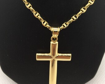 18k Real Gold cross necklace with anchor chain.