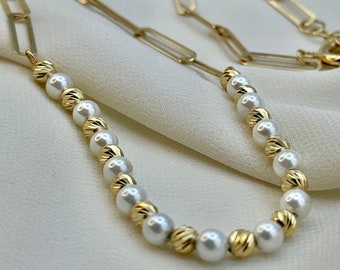 18k Gold paperclip necklace with pearl and Diamond cut GOLD orb design , cultured pearls ,paperclip chain necklace, oval link necklace.