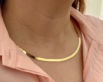 18k Solid Gold Herringbone Necklace 3.5 MM, 18"  ,Gold Snake Chain Necklace ,18k Herringbone Chain Necklace, Flat Snake Chain Choker.
