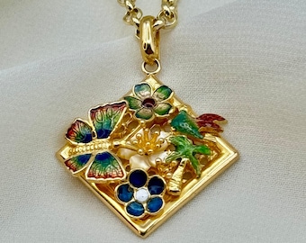 18k solid Gold Colorful Butterfly Necklace - Solid Gold Color Butterfly and flower Necklace ,Birthday Gift,Gift For Her - Anniversary Gift .