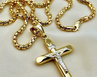 14k Gold Cross Necklace: INRI Crucifix Pendant, 24" Box Chain
