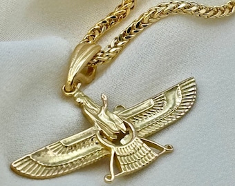 18k Gold Farvahar Necklace, Symbol of Ahura Mazda, With foxtail chain 21.5", 2mm, Faravahar symbol of   the Zoroastrian, Birthday Gift .
