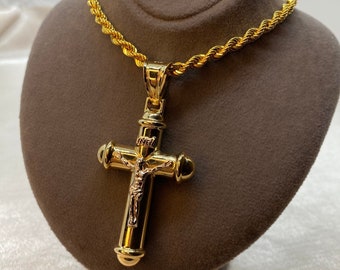 14k Gold Cross Necklace with Rope chain Diamond Cut So Shiny and Durable, 23.5 inches,4mm ,14k real Gold Cross Pendant ,for him , for her