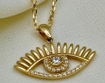 14k Gold Evil Eye Necklace with Cubic Zirconia, 18 Inch Chain