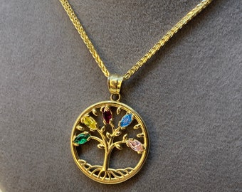 14k solid Gold tree of life necklace with colorful stones 21.5 inches.