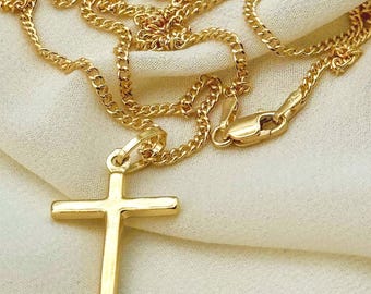 18k Gold Cross Necklace: Diamond Cut Curb Chain, 20 inch