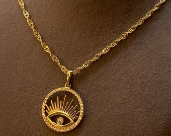 14K Gold Sun Shaped Evil Eye Necklace, Gift for Her , Good Luck, Kabbalah, Protection Charm, Real Gold