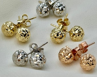 18k Gold Ball Earring Diamond Cut, 18k Real Gold stud Earring in 7, 6, 5 MM, Ball stud earring Push back, gift earring, Birthday Gift .