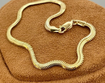 18K Solid Gold Herringbone Snake Bracelet: Delicate Shiny Snake Chain