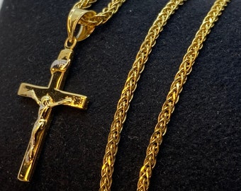 18k solid Gold Cross Necklace with Franco chain  So Shiny and Durable, 19.5 inches,2mm, Gift for her ,Gift for him