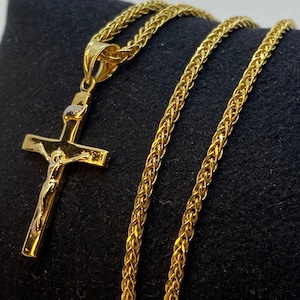 18k solid Gold Cross Necklace with Franco chain, 19.5 inches, 2mm, Gift for her, Gift for him.