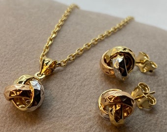 18k Gold Love Knot Diamond Cut Necklace and earrings, with 3 colors , 19.5",1.5mm , Handmade Jewelry Gift,18k love knot set, For Her.