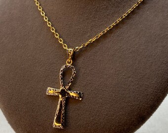 14K Gold Ankh Cross pendant Diamond cut with 18k Gold cable chain 17.5" ,Unique Ankh Cross ,Gold Ankh Cross , For birthday gift ,For Her . .