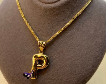 18K Real Gold Initial Letter "P" Necklace, Medal Gold Initial Letter Pendant Necklace , 18k butterfly necklace