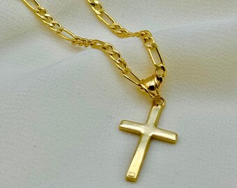 18k Gold Cross Necklace with Figaro Chain So Shiny and Durable, 22 inches, 2.7 mm, Gift for Him, For Her, Birthday Gift, Anniversary gift.