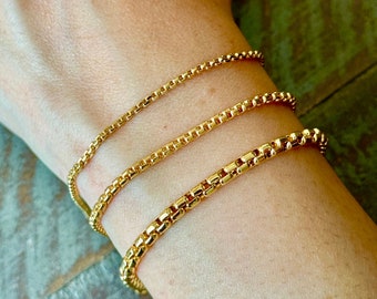 18K Real Gold Box Chain Bracelet 2mm, 2.5mm, 3.5mm, 5mm- Yellow 18K box Bracelet ,18k Bracelet for Women -Pure 18k Gold- Birthday Gift.