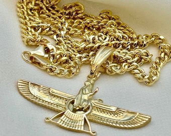 18k Gold Faravahar Necklace, symbol of Ahura Mazda, Handmade in Toronto , with Curb chain 17.5",3 mm, Faravahar symbol of Zoroastrian, Gift.