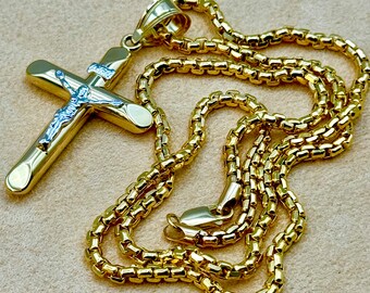 14k Massives Gelbgold Religiöses Kruzifix Kreuz Anhänger Inri