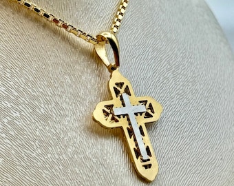18k Gold Cross Necklace with Box chain 2 mm ,19.5" ,Cross Pendant ,Gold Cross Necklace , For Him, For Her ,Anniversary Gift ,Birthday Gift.