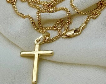 18k solid Gold Cross Necklace with curb chain Diamond Cut So Shiny and Durable, 20 inches,2mm,Gift for Him , For Her ,Birthday Gift.