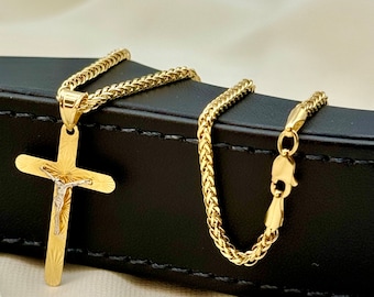18k Gold Cross Necklace with Franco Chain