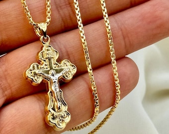 18k Gold Cross Necklace ,Cross Necklace with 2mm Box Chain ,Gold Cross Necklace , For Him, For Her ,Anniversary Gift ,Birthday Gift.
