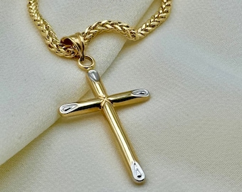 18k Gold Cross necklace, 18k Real Gold Foxtail chain with Cross pendant, For Him, Birthday Gift , Anniversary Gift, Gold Cross Necklace .