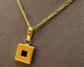 18k Gold  square necklace with Figaro chain, 19.5inches, 1.5mm.