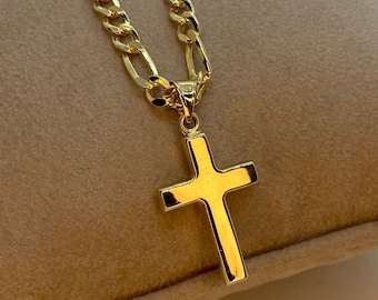 14k Gold Cross Necklace with Figaro chain Diamond Cut So Shiny and Durable, 22 inches,4mm ,14k real Gold Cross Pendant ,for him , for her