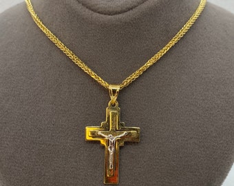 18k Solid Gold Franco  Cross Necklace, Diamond cut and shiny, different size sizes available