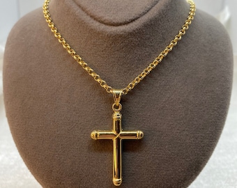 14k Gold Cross Necklace with Rolo chain So Shiny and Durable, 20 inches,2.5mm ,14k real Gold Cross Pendant ,for him , for her