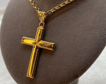 14k Gold Cross Necklace with Rolo chain So Shiny and Durable, 22 inches,3mm ,14k real Gold Cross Pendant ,for him , for her