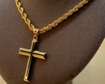 14k Real Gold Cross Necklace with Rope chain Diamond Cut So Shiny and Durable, 23.5 inches, 4mm.