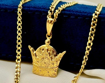 18k Solid Gold Handmade Pahlavi Crown Necklace, with 21.5", 3mm Curb Chain, Symbol of Kingdom and Royal Family, Birthday gift, Gift.