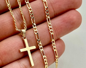 18k Gold Cross Necklace: Figaro Chain, Durable Shiny Pendant