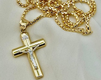 14k Solid Gold Cross Necklace with Box chain 2.5mm, 14k Round Box chain, Cross Necklace, For Him, For Her, Anniversary Gift, Birthday Gift.