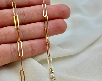 18k Gold paperclip necklace with pearl and Diamond cut orb  design  , cultured pearls ,paperclip chain necklace, oval link necklace