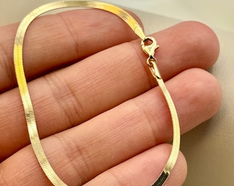 18K Solid Gold Herringbone Bracelet, 7.25”, 2.5mm, Shiny Gold Bracelet, Flat Gold Bracelet, Delicate Gold Bracelet, Snake Bracelet .