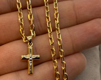 14k Gold Cross Necklace with Cable chain So Shiny and Durable,23.5 inches,3mm,for him,for her, Birthday Gift,Valentine's Gift, Anniversary