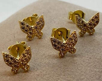 14k Real Gold butterfly stud  Earring with cubic zirconia  , Gold stud Earring , butterfly earring ,real gold ,gift for Her , For Mom