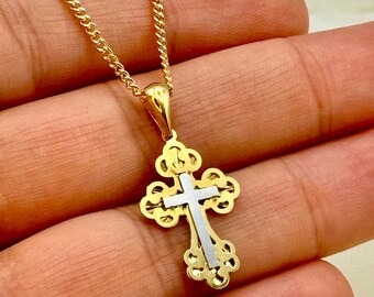18k Solid Gold Cross Necklace ,Cross Necklace with 2mm Curb Chain ,Gold Cross Necklace , For Him, For Her ,Anniversary Gift ,Birthday Gift.