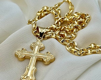 18k Gold Cross Necklace,22" with Anchor chain 3.5mm  ,Cross Necklace  ,Cross Necklace , For Him, For Her ,Anniversary Gift ,Birthday Gift.